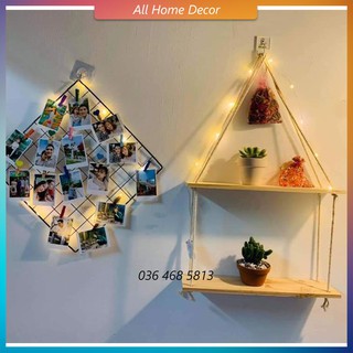 Kệ gỗ treo tường Alpha, kệ ngang 2 tầng có dây trang trí phong cách retro 30cm