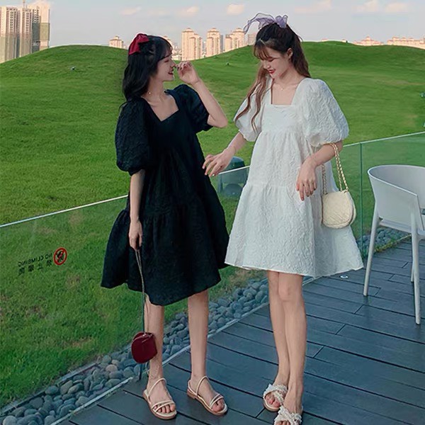 Váy đầm babydoll trắng đen nữ quảng châu LIZA form rộng kiểu dáng tiểu thư cho nữ đi chơi đi biển tặng phụ kiện