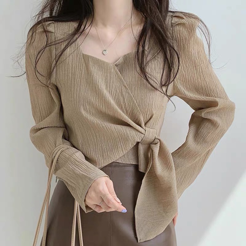 Áo voan mỏng nơ lệch thời trang kiểu Hàn Quốc, Áo Kiểu tơ đũi Nữ dài tay cách điệu ulzzang dáng ngắn