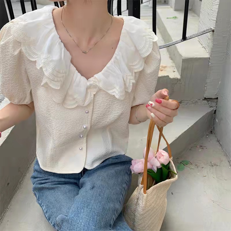 Áo sơ mi SUXI tay phồng cổ chữ V màu sắc trơn phong cách vintage Hàn Quốc cho nữ