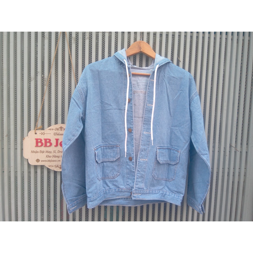 Áo khoác jean nữ có mũ hai túi trước BB cao cấp form dưới 58Kg BB72