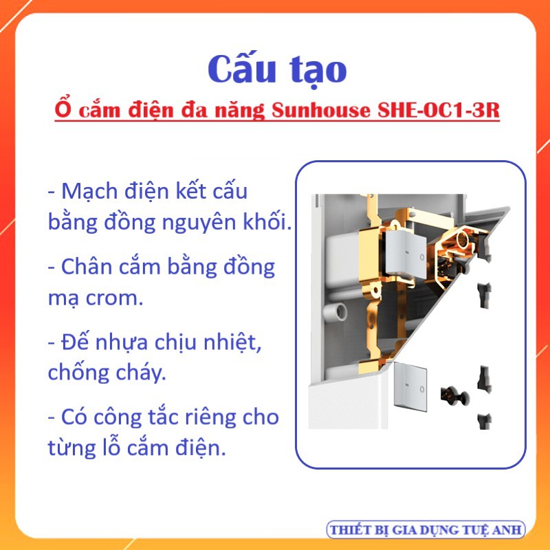 Ổ cắm điện đa năng Sunhouse SHE-OC1-3R , Ổ cắm 3 lỗ, có công tắc riêng, Công suất 2500W - Bảo hành 12 tháng