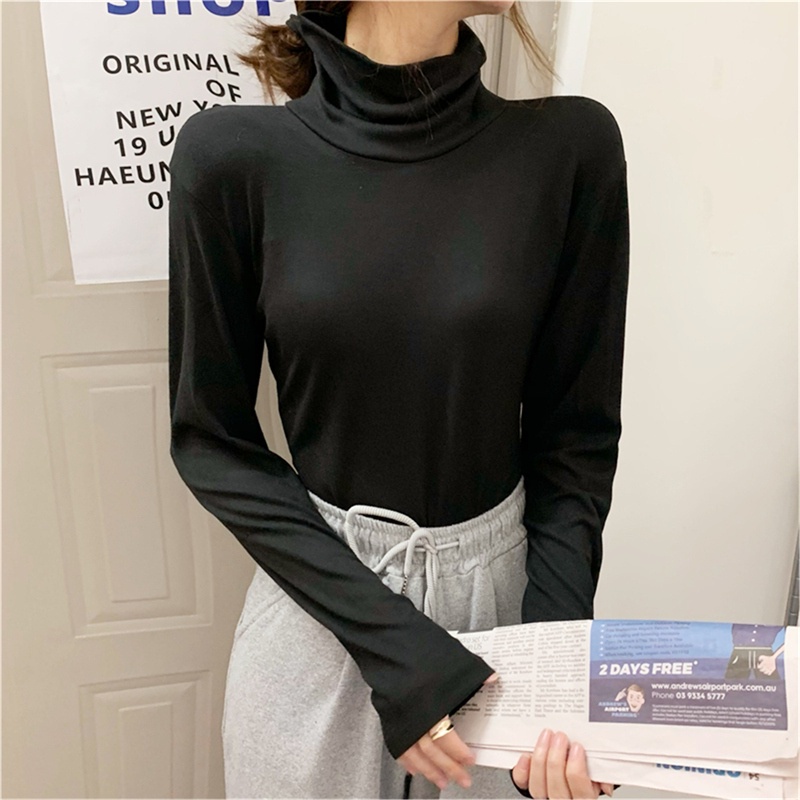 SUXI Áo Thun Dài Tay Cổ Cao Màu Sắc Đơn Giản Cho Nữ