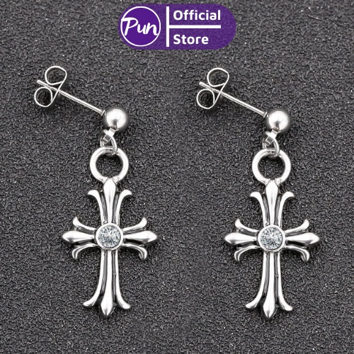 Khuyên tai nam nữ phong cách hàn quốc hình chữ thập Punstore màu bạc Titan chống rỉ - HT Chrome Heart