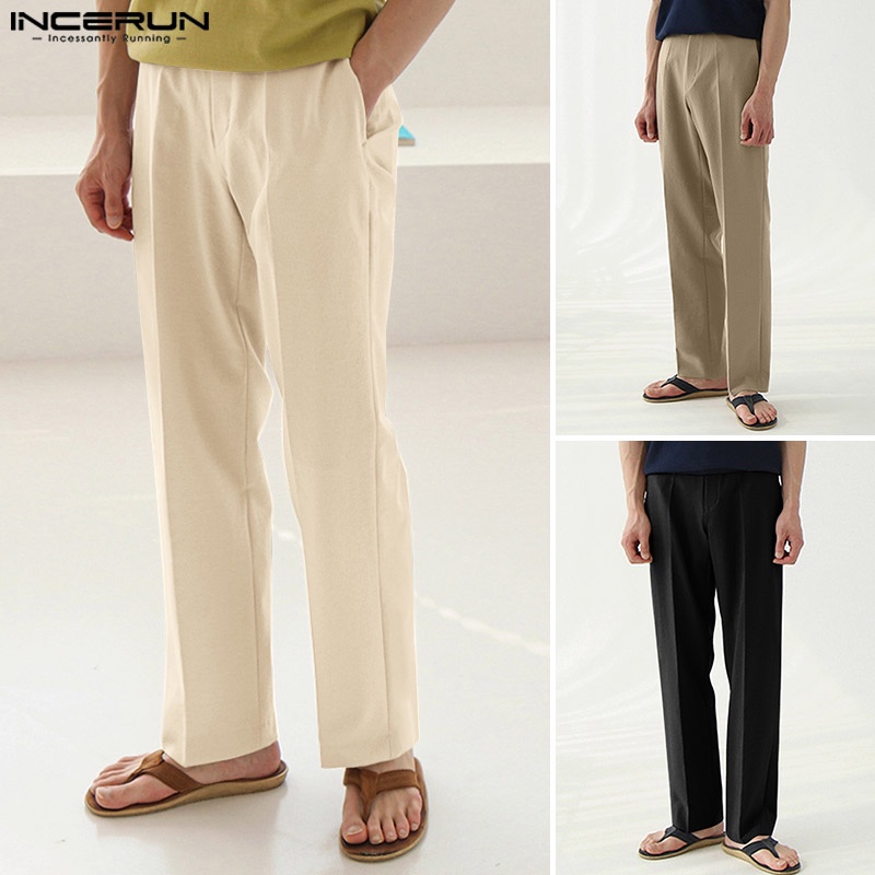 Quần tây INCERUN ống đứng dáng rộng màu trơn kiểu Hàn thanh lịch cho nam