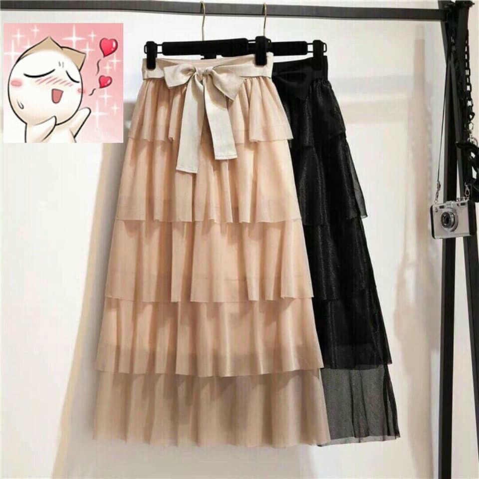 chân váy voan tầng buộc nơ