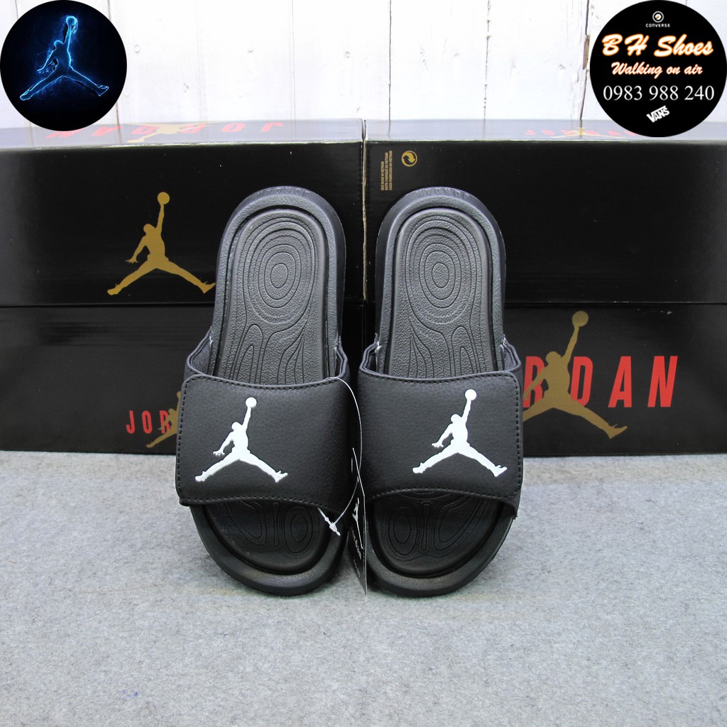 Dép JD Jordan bóng rổ FREE SHIP + hộp hãng + jordan đủ tem tag loại 1 đen logo trắng quai ngang dán nam nữ. BH Slippers