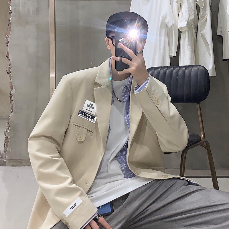 ♞AFF LIGA♞ Áo khoác blazer tay dài dáng rộng màu trơn phong cách Hàn Quốc cho nam