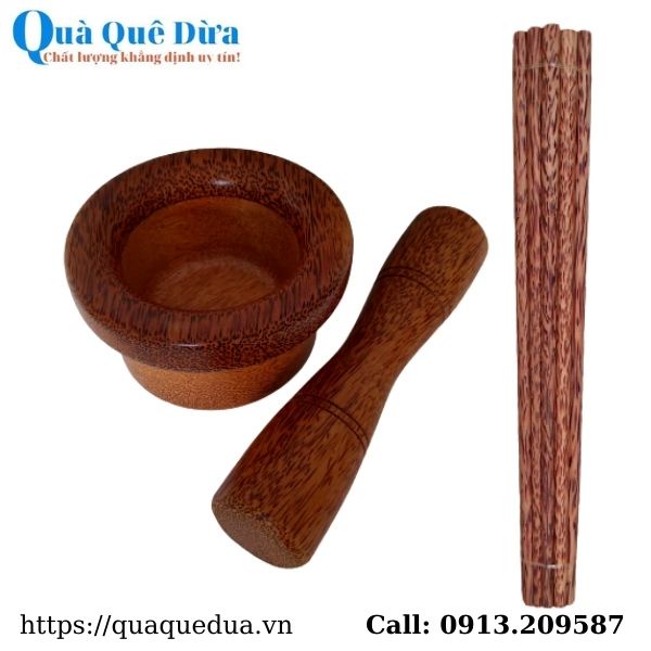 Bộ Đồ Dùng Nhà Bếp Gồm Cối Chày Và 10 Đôi Đũa Bằng Gỗ Dừa