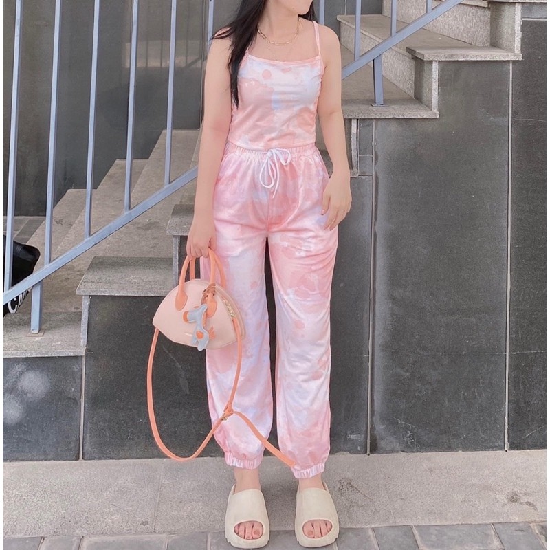Set Hè Áo Croptop Hai Dây Jogger Loang Cam Đào Ảnh Thật