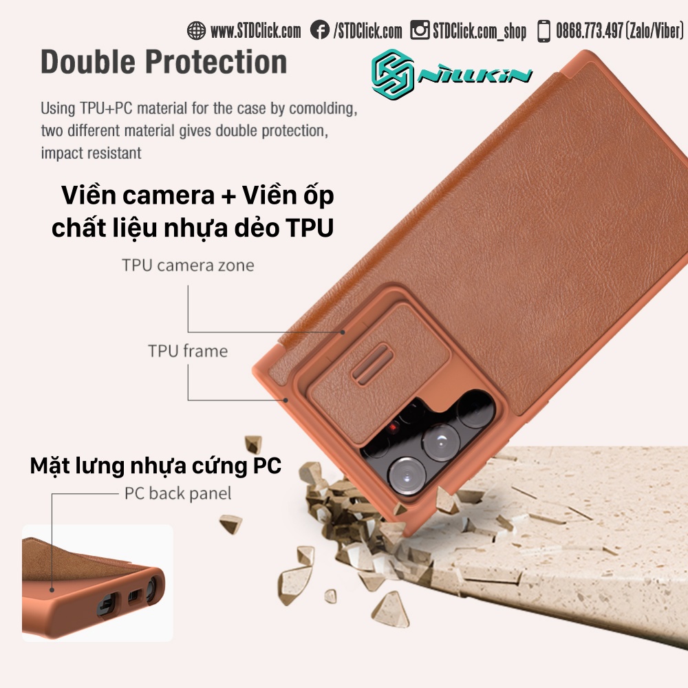 BAO DA SAMSUNG GALAXY S22 ULTRA 5G NILLKIN QIN PRO BẢO VỆ CAMERA CHÍNH HÃNG