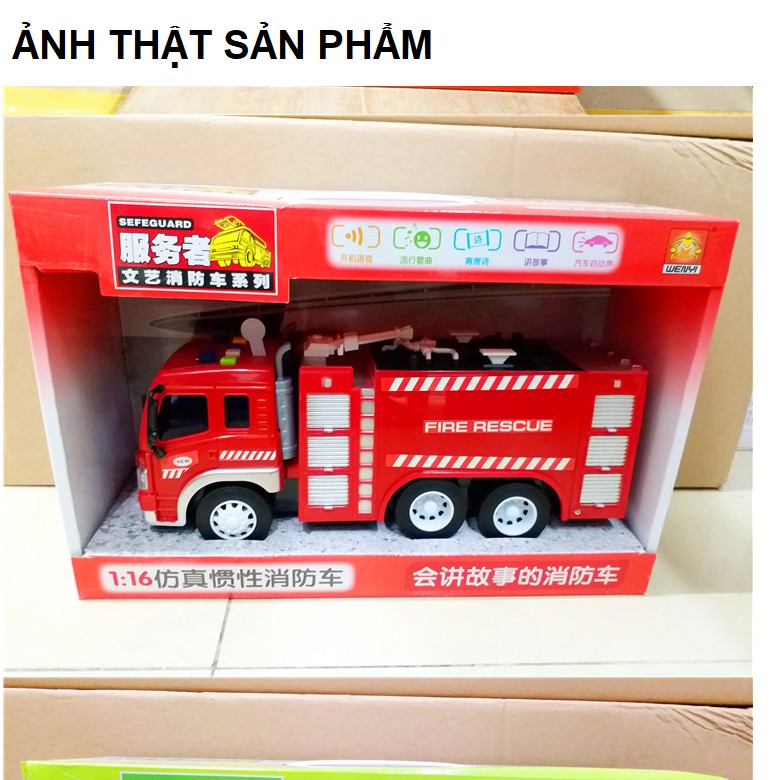 Đồ chơi xe ô tô cứu hỏa mô hình vòi phun tỉ lệ 1:16 xe chạy đà có âm thanh và đèn