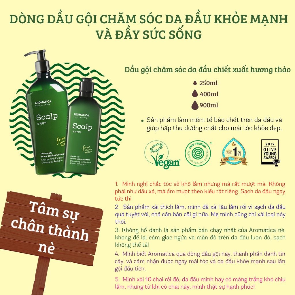 Dầu gội giảm gàu giảm nấm chiết xuất hương thảo Aromatica Rosemary Scalp Scaling Shampoo