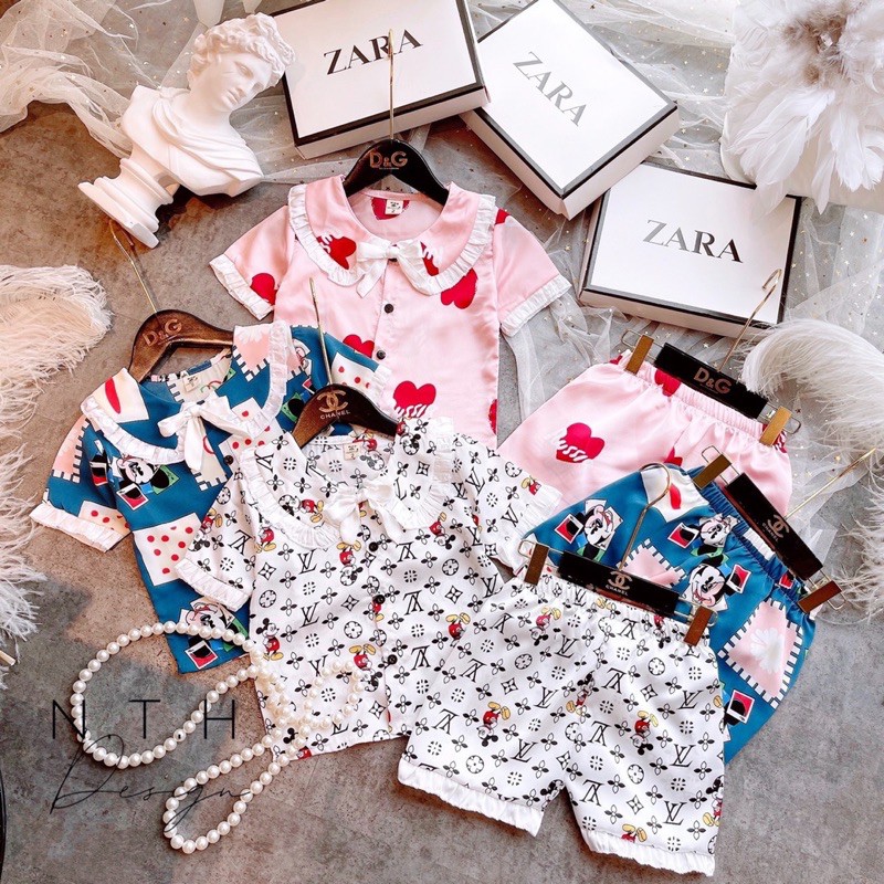 BỘ PIZAMA LỤA HOẠ TIẾT CHO BÉ