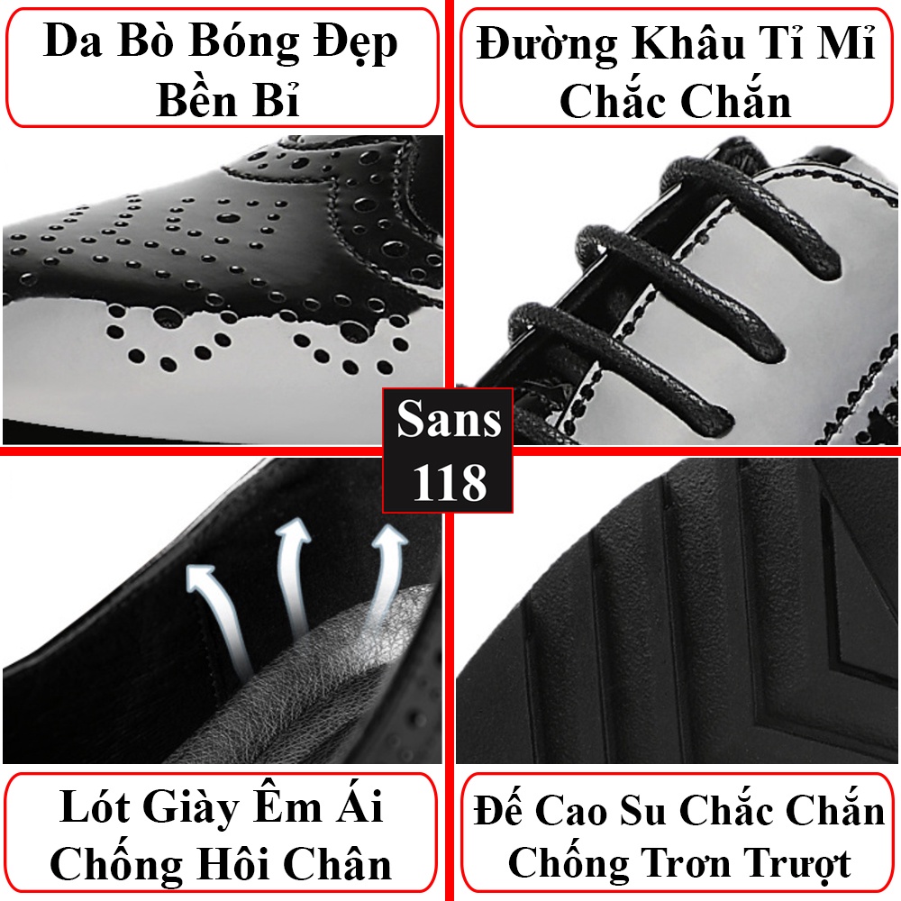 Giày tây nam tăng chiều cao 10cm Sans118 giầy da bóng đế độn nâng gót chú rể mặc vest âu công sở size nhỏ bé 37