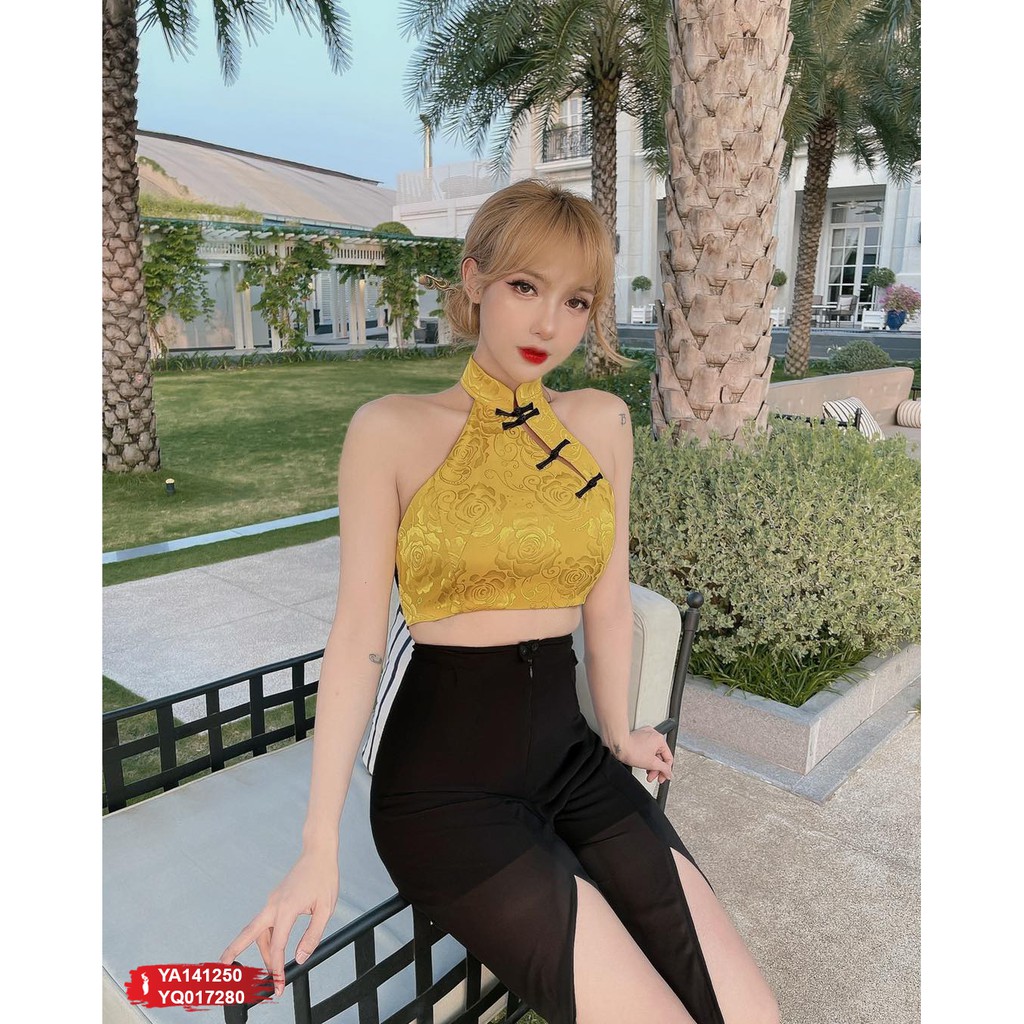 Áo Yếm Croptop Nữ Hở Lưng Gấm Cổ Lọ, 3 Lỗ Cao Cấp - YA141250