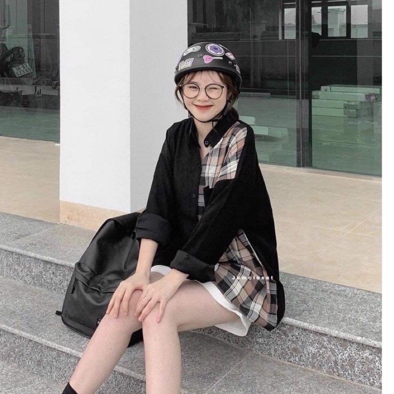 Áo sơ mi oversize phối kẻ sọc freesize từ 38-65kg