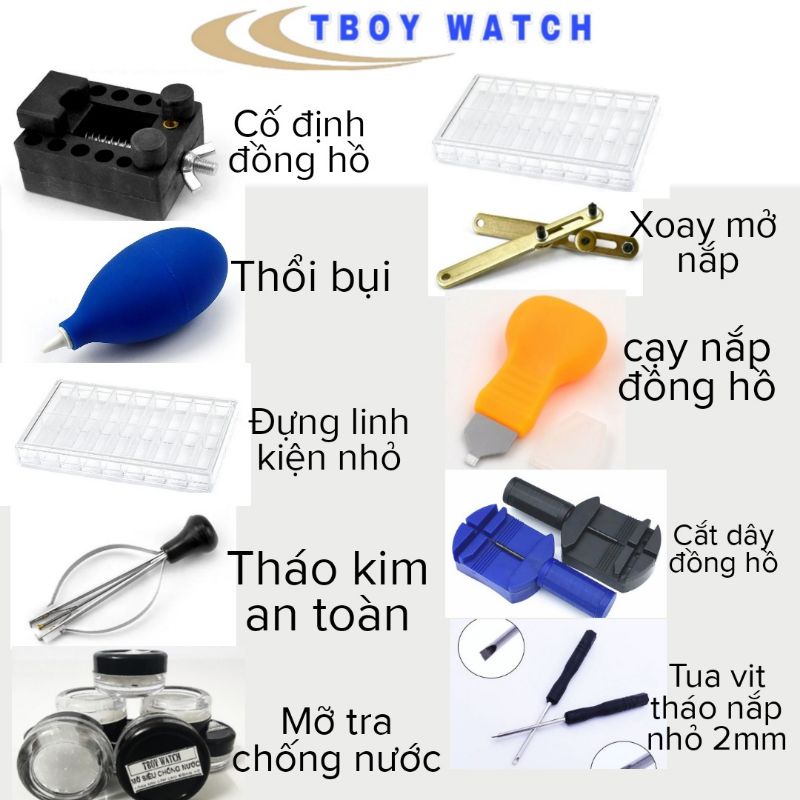 Tổng hợp Dụng cụ sửa chữa đồng hồ đeo tay, tháo nắp,tháo dây,mỡ chống nước, thổi bụi, cố định đồng hồ, khăn lau