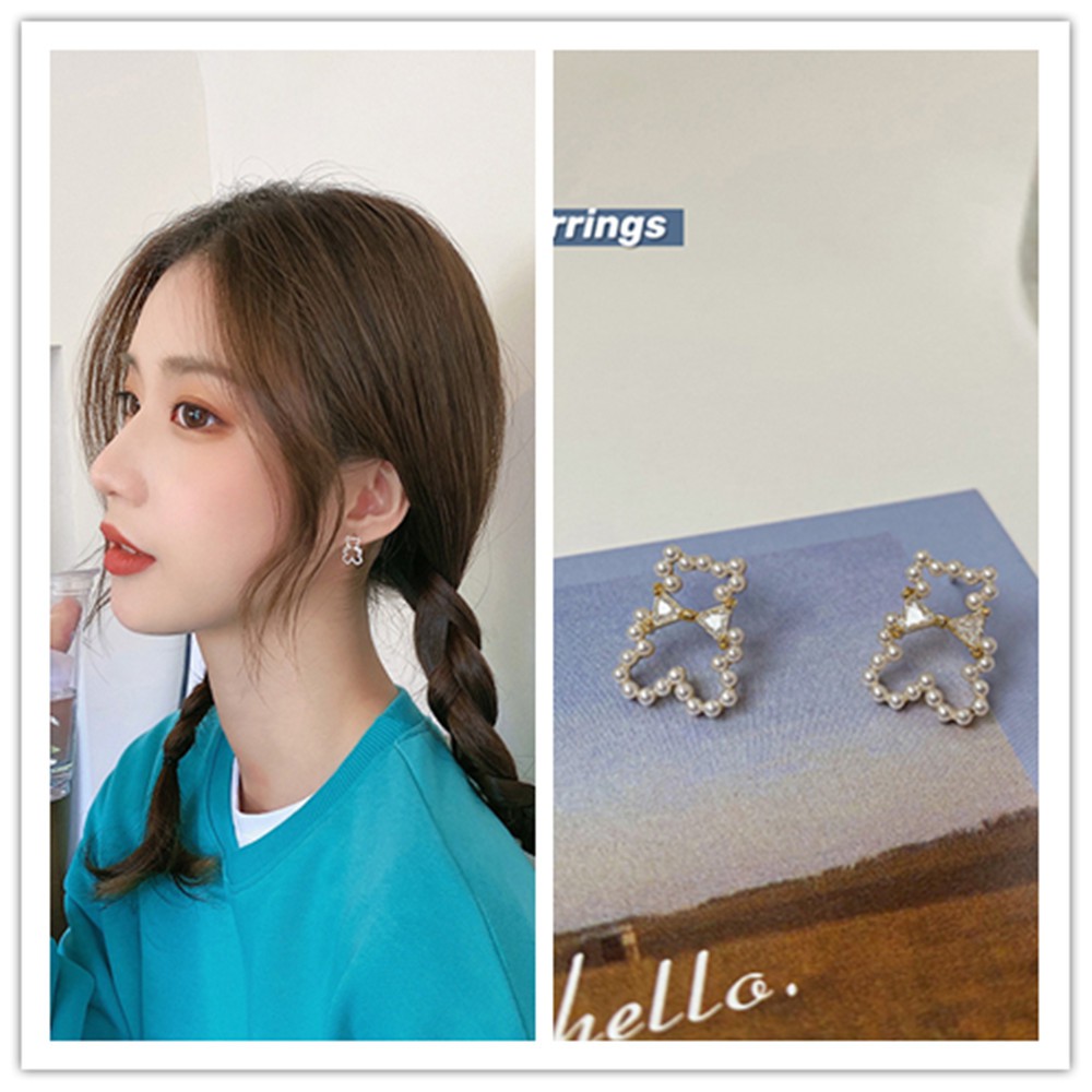 Bông Tai Hình Gấu Đính Ngọc Trai Đơn Giản Cho Nữ