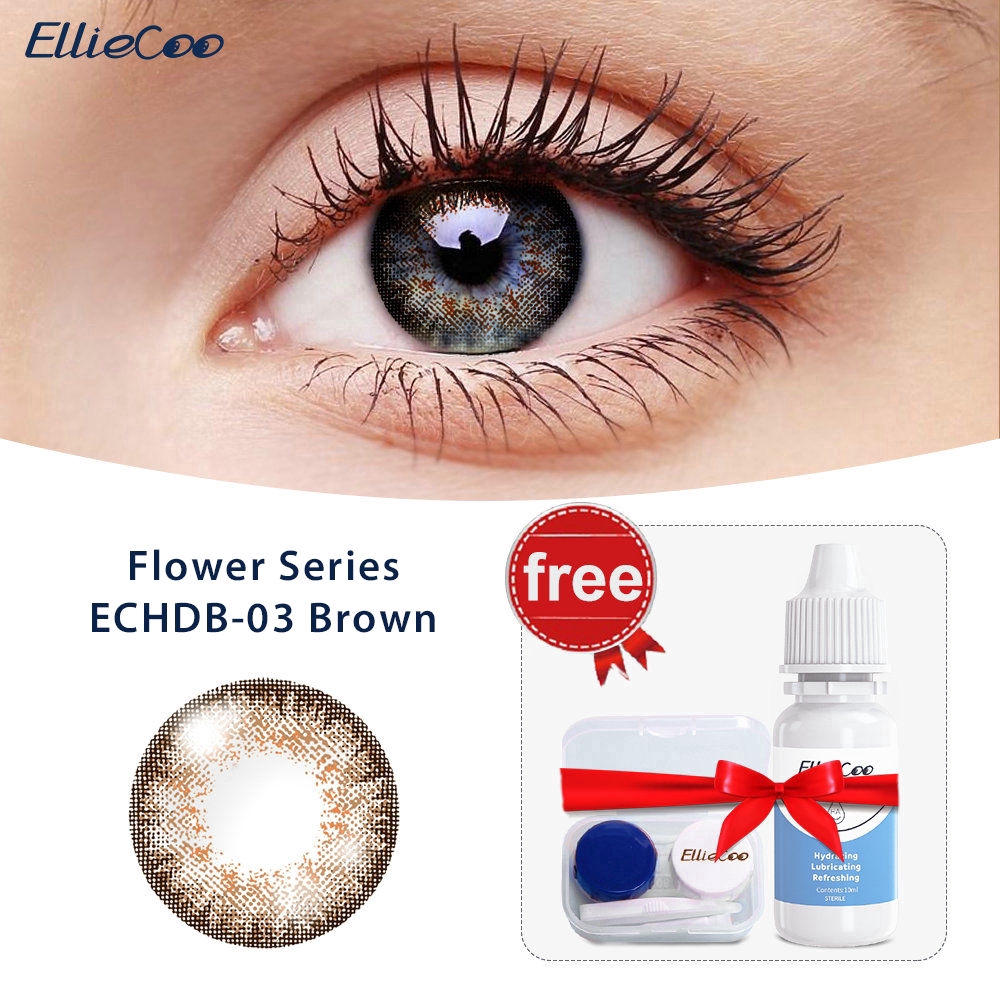 Cặp kính áp tròng EllieCoo màu chocolate / vàng / xanh lá dùng trang điểm thuộc Flower Series