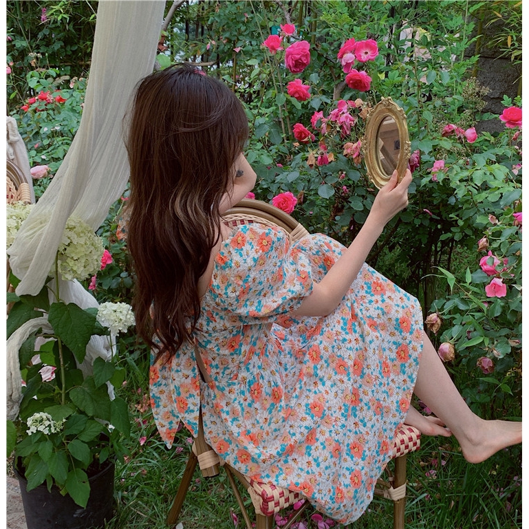 IELGY   Đầm Hoa Ngắn Tay Lưng Cao Cổ Vuông Thời Trang Dành Cho Nữ