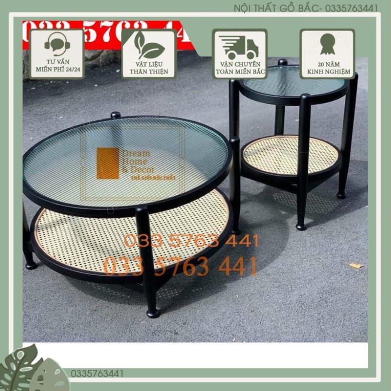 Bàn trà sofa kính sóng khung gỗ sồi 100% phối mây phong cách vintage siêu xinh