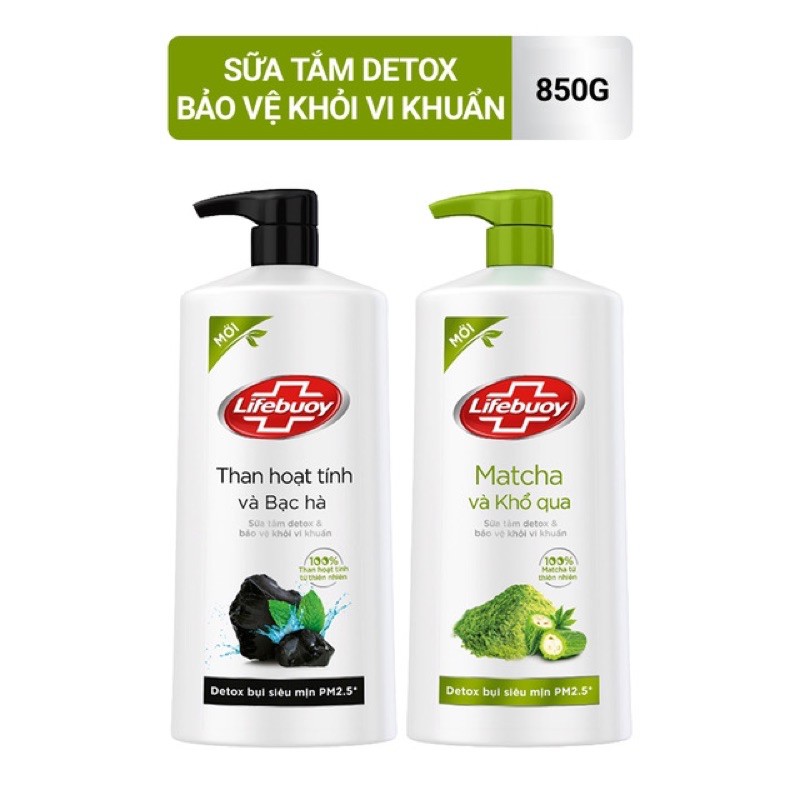 Sữa tắm Lifebuoy dextox matcha khổ qua 850g/than hoạt tính tặng kèm rửa tay LUX 220ml cực thơm