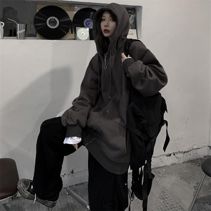 【Yuki】Áo khoác nỉ hoodie nữ zip form rộng màu xám đậm trẻ trung năng động | BigBuy360 - bigbuy360.vn