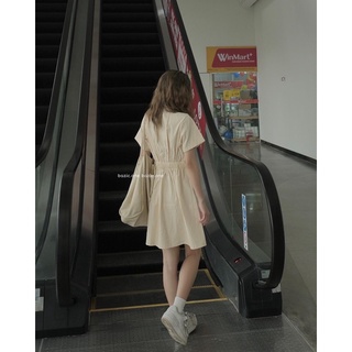 Váy basic cổ sơ mi chiết eo chun lưng, váy sơ mi cộc tay Bazic one