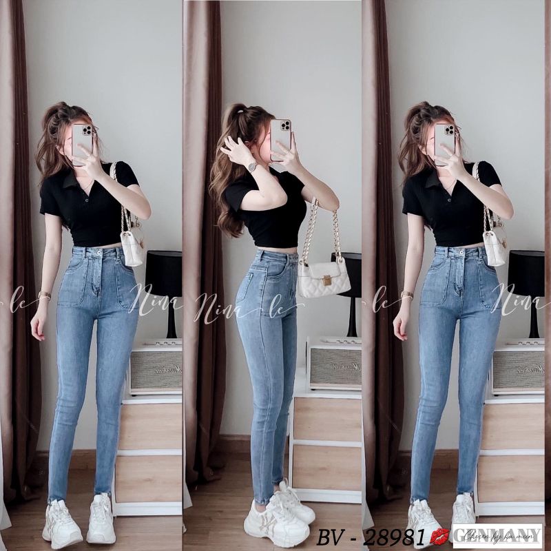 Quần jean ôm túi nổi ngang cạp cao