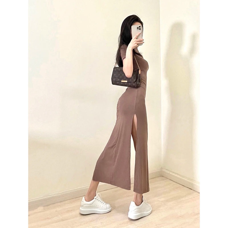 [Set] Đầm cổ cao xẻ tà rừng cây retro