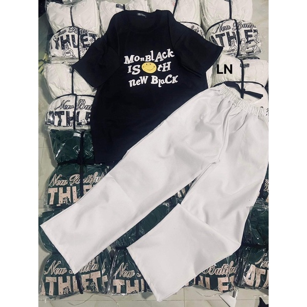 Sét áo Monblack mặt cười + quần kaki trắng DA6