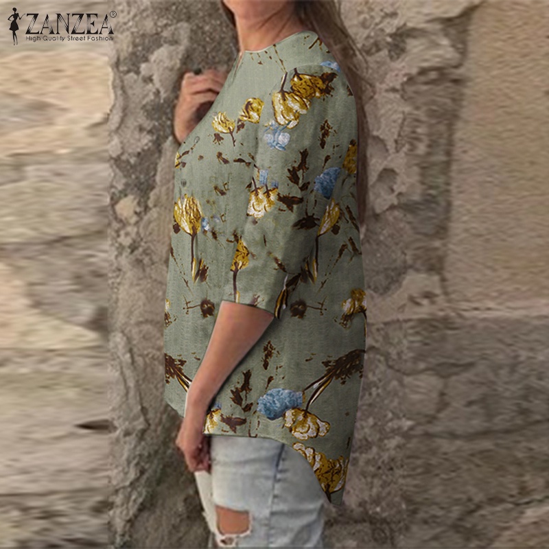 Zanzea Áo Sơ Mi Tay 3 / 4 Bằng Cotton In Họa Tiết Dành Cho Nữ