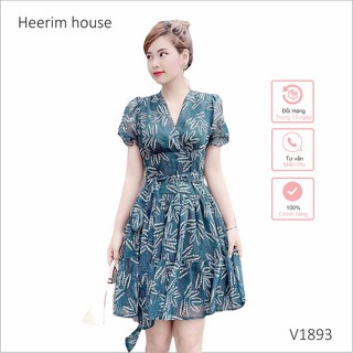 Váy đầm xòe xanh họa tiết lá V1893 phù hợp mặc công sở đi dự tiệc, đám cưới, đi cafe chủ nhật Dịu dàng nữ tính Heerim