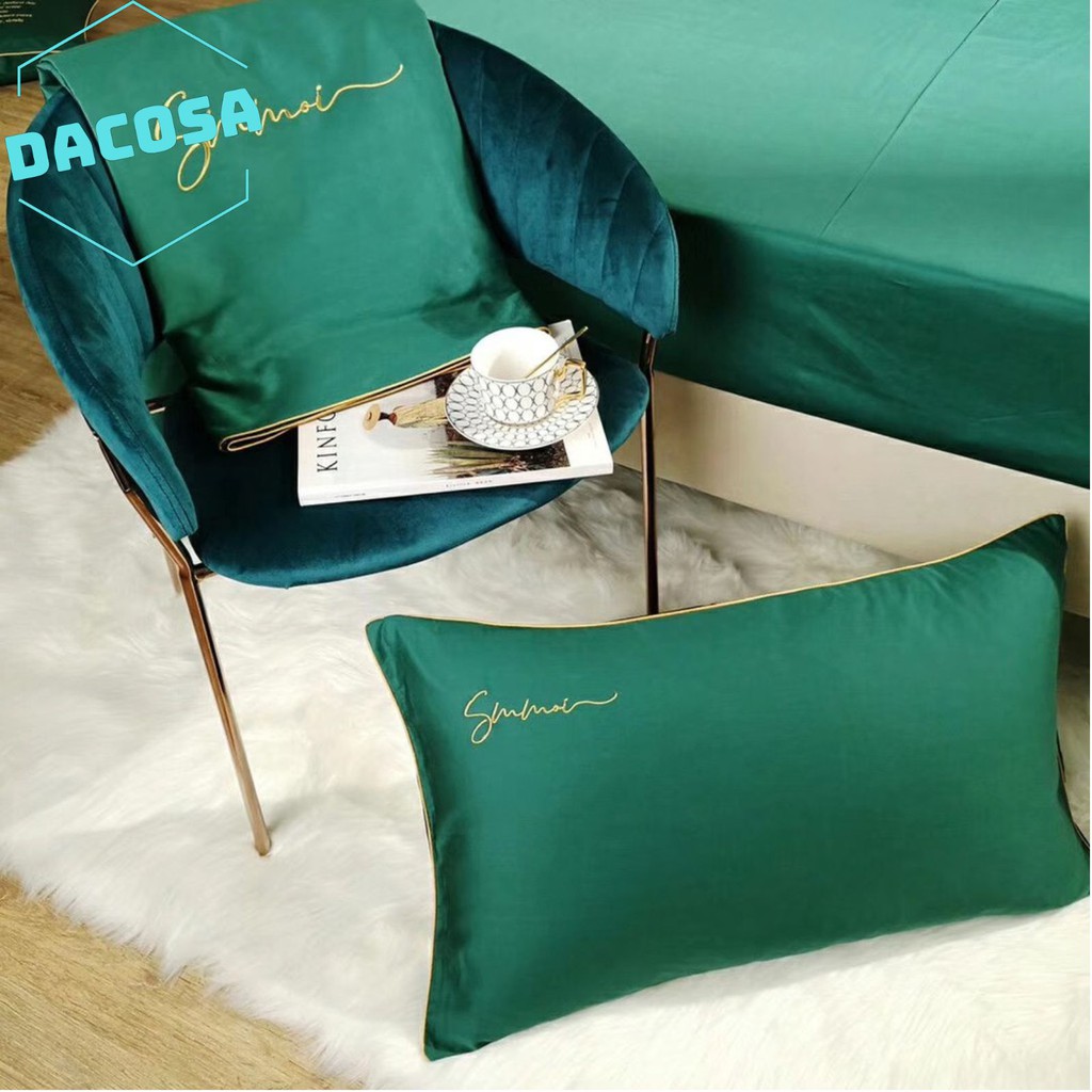 [Giá Sỉ] Bộ Chăn Ga Gối LỤA SUMOI 60S Màu Xanh Rêu Đậm Cao Cấp Khách Sạn