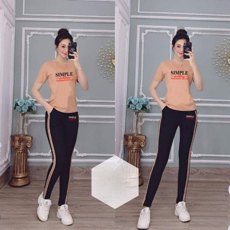 Sét đồ bộ nữ thể thao mặc nhà đi chơi thêu chữ simple thun cotton, đồ bộ giá rẻ đẹp bigsize từ 40-64kg
