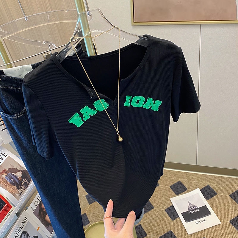 Áo Thun Tay Ngắn Cổ Chữ V Màu Trơn Thiết Kế Độc Đáo Thời Trang Mùa Hè Mới Cho Nữ