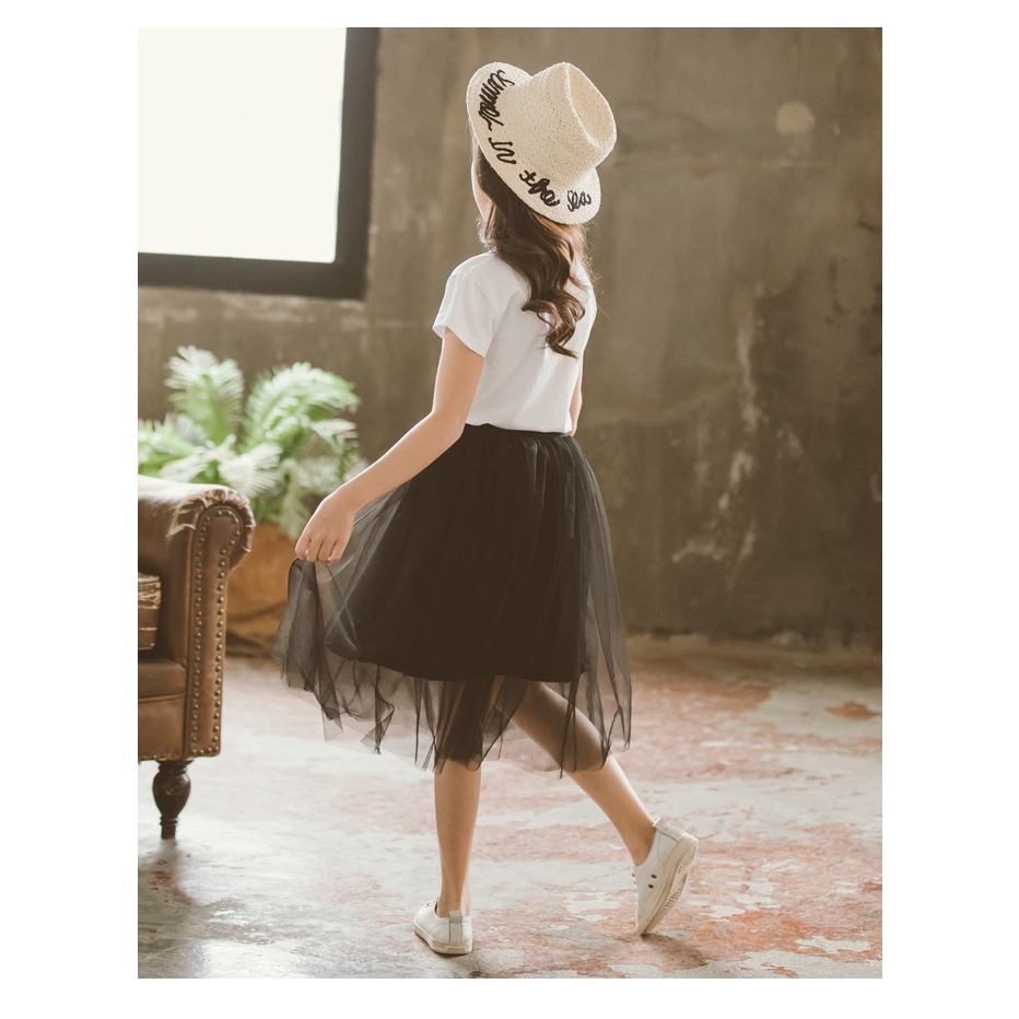 Short sleeve t-shirt set + Korean style mesh skirt, lovely fashion for girls