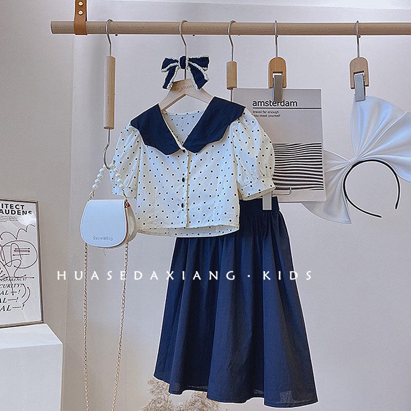 Bộ Áo Cổ Thủy Thủ + Chân Váy Chữ A Họa Tiết Chấm Bi Phong Cách Hàn Quốc Thời Trang Mùa Hè Cho Bé Gái 0418