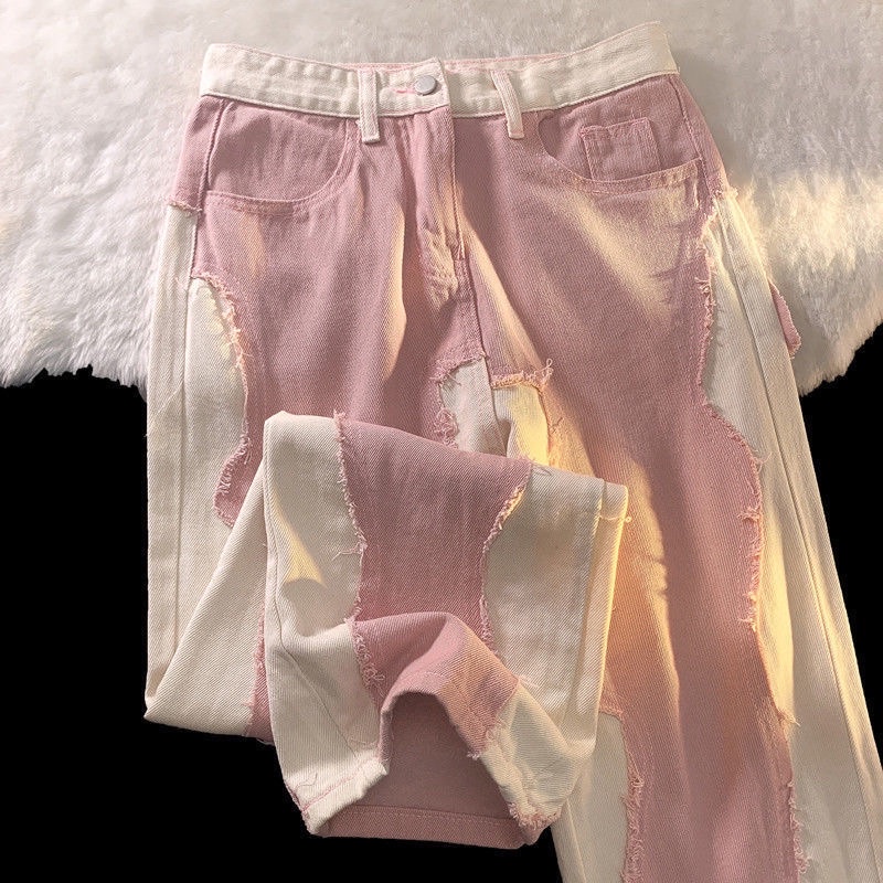 Hang co san ] quần jean nữ ống rộng phối màu hồng + trắng siêu xinh