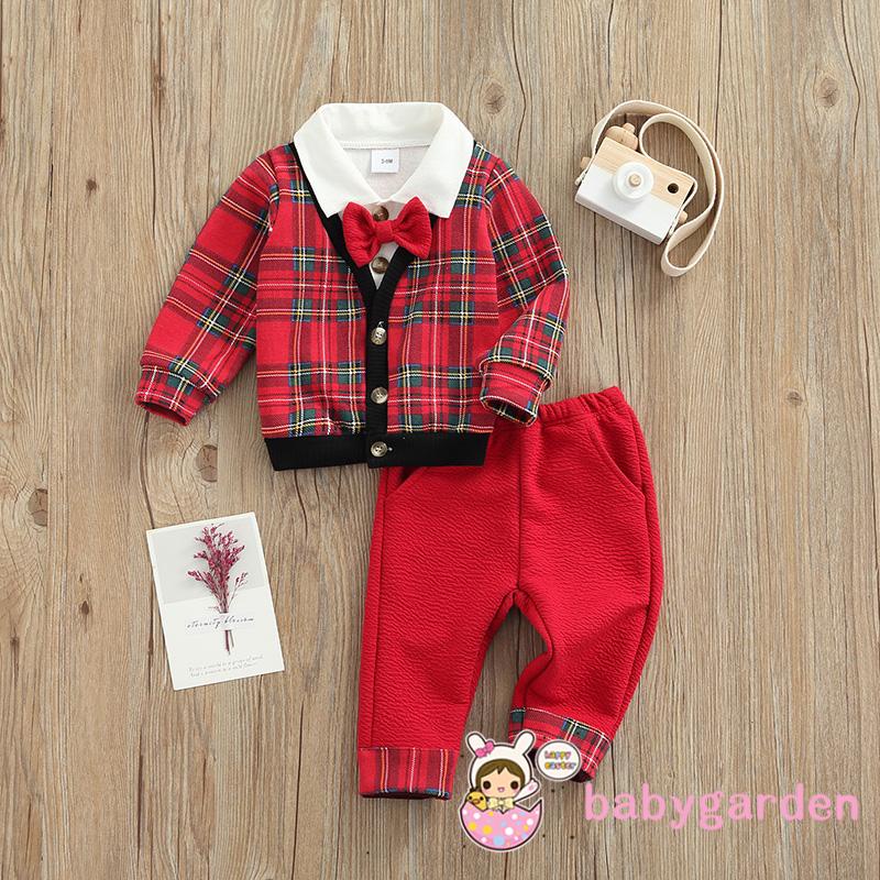 Set áo sơ mi tay dài cổ polo + quần dài họa tiết sọc caro thời trang giáng sinh cho bé trai