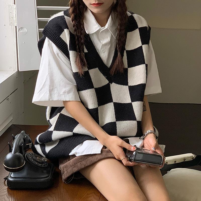 Áo len không tay cổ chữ V họa tiết caro thời trang dành cho nữ