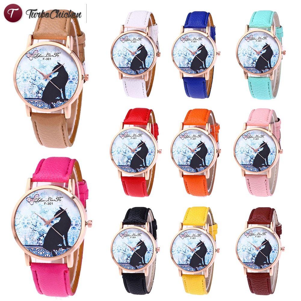 #Đồng hồ đeo tay# Couple Quartz Watches Women Casual Watches with Round Dial Faux Leather Strap Cartoon Cat Printed