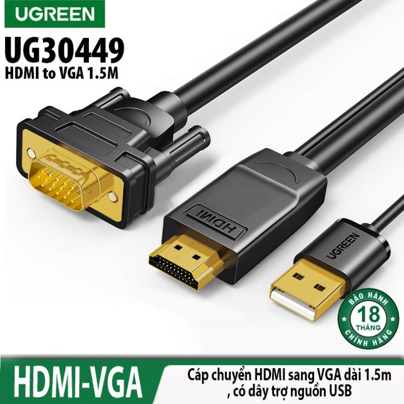 Cáp chuyển HDMI sang VGA dài 1.5 met Cao cấp Ugreen 30449 Chính hãng MM117 trợ nguồn USB A