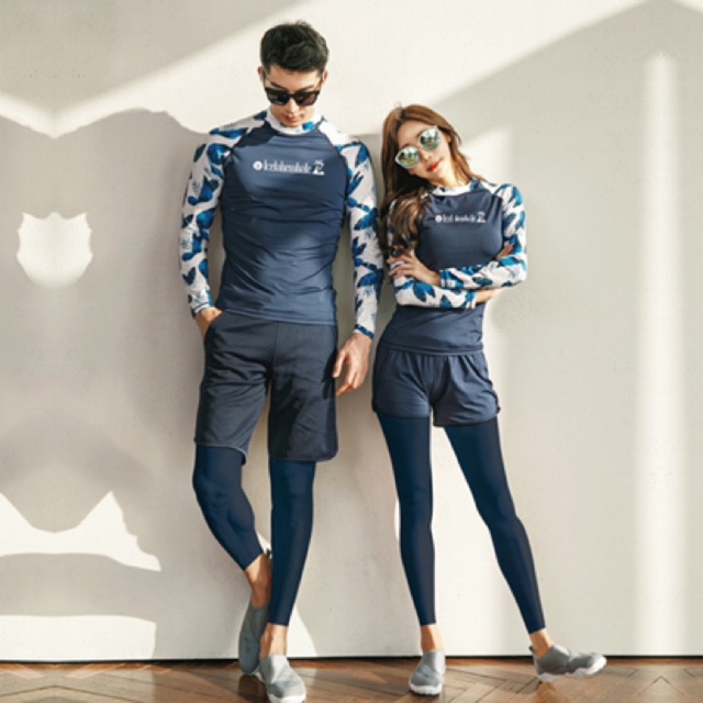 Bộ đồ bơi đôi nam , nữ dài tay tay lá trắng