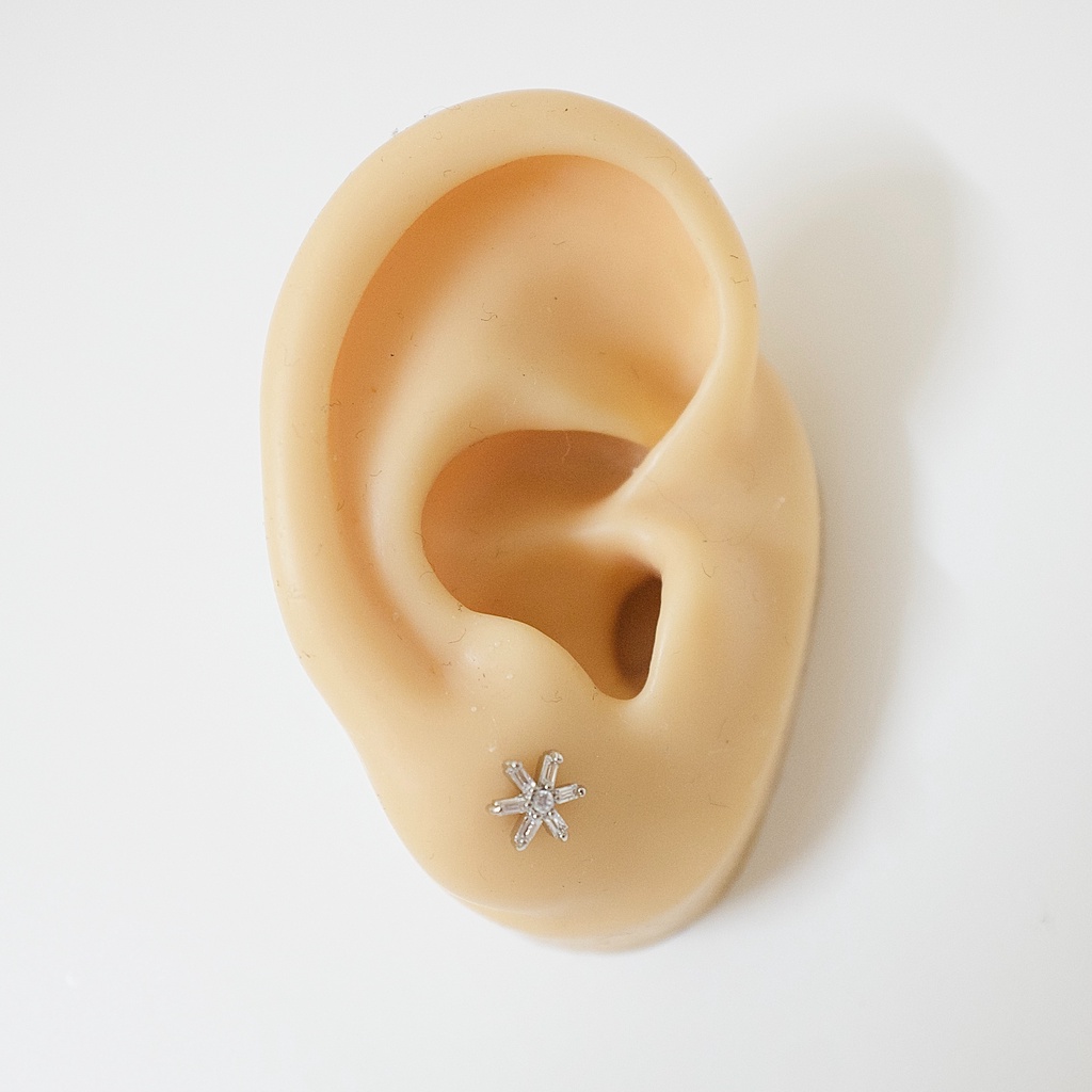 [1 Chiếc] Khuyên Tai Titan Hoa 6 Cánh Đá Trắng Unisex Màu Bạc Đuôi Bi Không Gỉ Sét Không Ngứa Bông Tai Julies Box 66