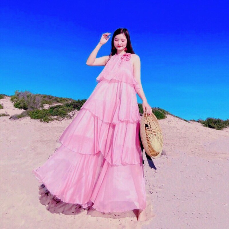 [🌸Sẵn] Đầm maxi loại 1 chất tơ màu hồng 4 tầng hở lưng - pink silk maxi dress with open back