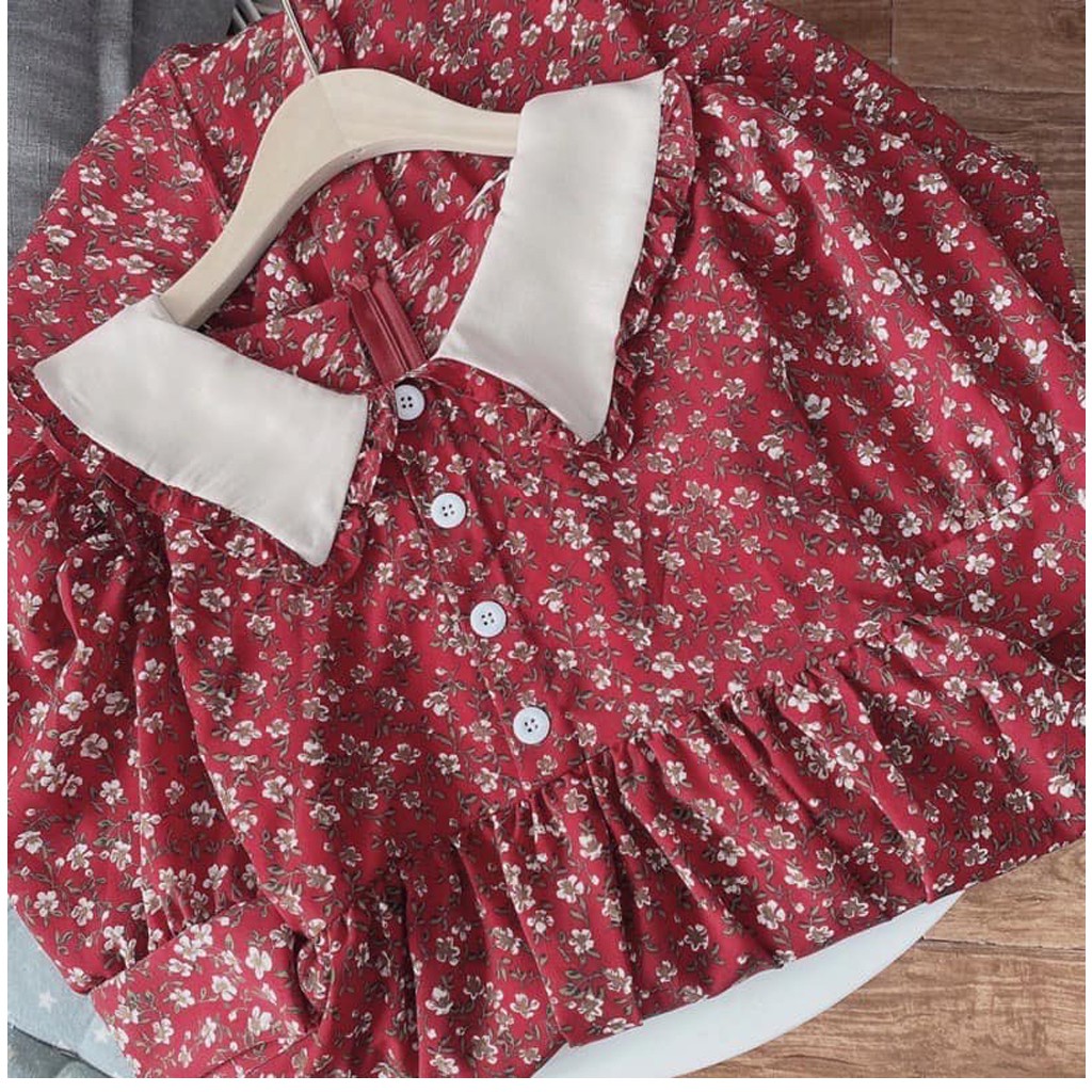 Váy babydoll hoa nhí phối cổ cộc tay, đầm dự tiệc hoa dáng xoè chiết eo đẹp, Váy hoa Vintage cổ sen Quý Tộc -ckv124