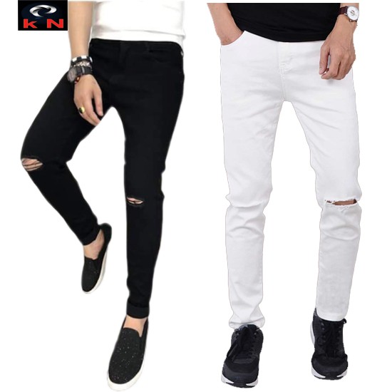quần jean nam đen trắng co giãn rách gối(tặng kèm khẩu trang su 3D) phong cách cá tính