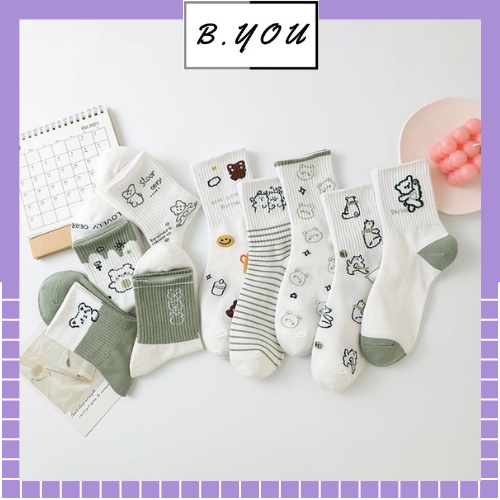 Tất nữ cổ cao họa tiết hình con vật màu xanh cốm phong cách Hàn quốc xinh xắn đáng yêu chất liệu co dãn thấm hút mồ hôi